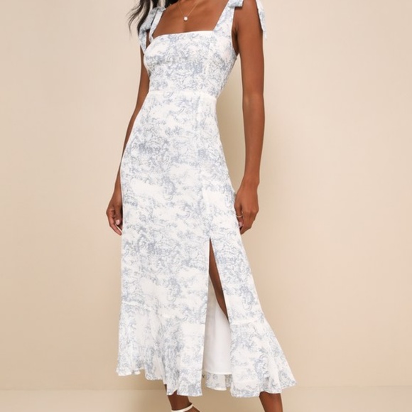 Lulus Summer Invite White And Blue Toile Tie-strap Tiered Midi Dress - Size L - Picture 1 of 1